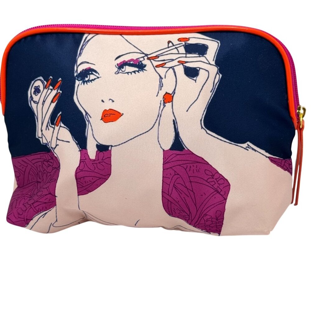 Estee Lauder Glamour Lady Art Deco Makeup Cosmetic Bag Pink Navy  Zipper